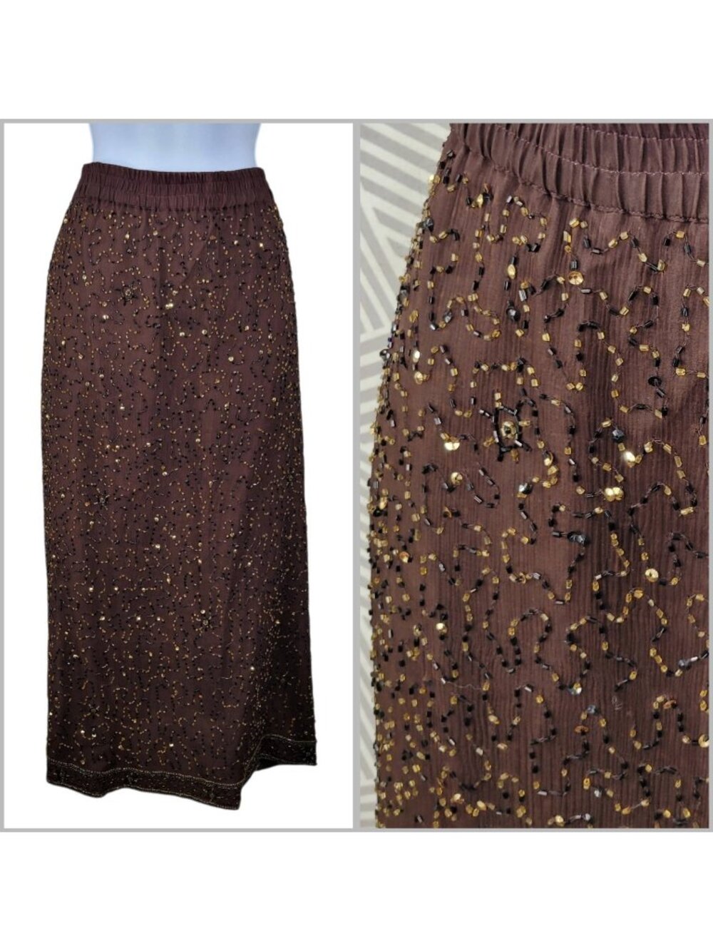 Silk Beaded Midi Skirt Plus Size 3X 22/24W Elastic Waist Pull On Brown Evening